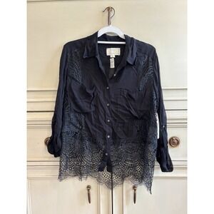 Nicole Miller Artelier Crochet Shirt Blouse Lace Sheer Black Button Up Small NWT